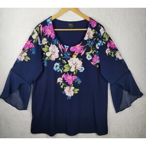 XL Tunic Top Cottagecore V Neck Blue Colorful Floral 3/4 Flowy Sleeves Casual